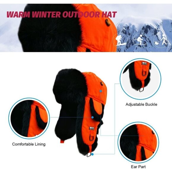 ⭐Unisex Black PU Black Leather Trapper Hat with Faux Fur Lining Warm Aviator Hat - Picture 5 of 7